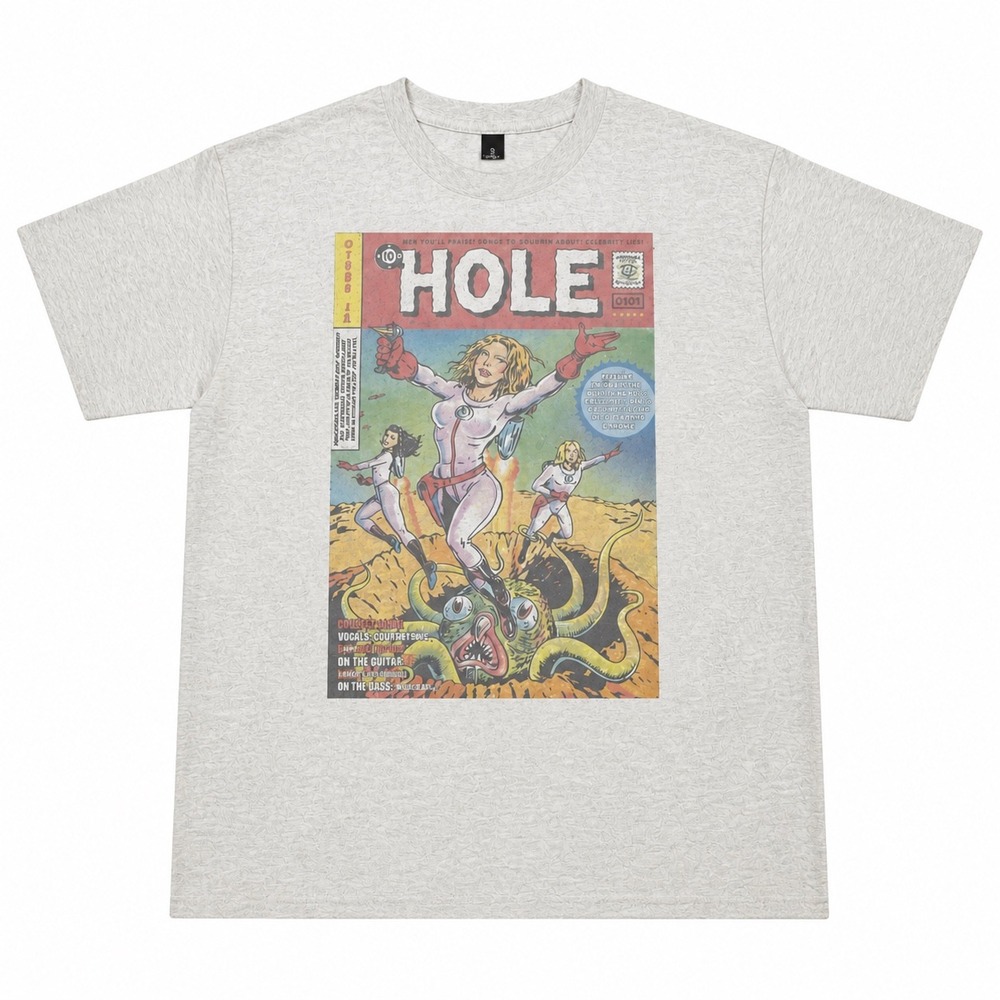 Hole Band Comic Book Graphic T-Shirt Heather Grey Mens Short Sleeve Rock Tee